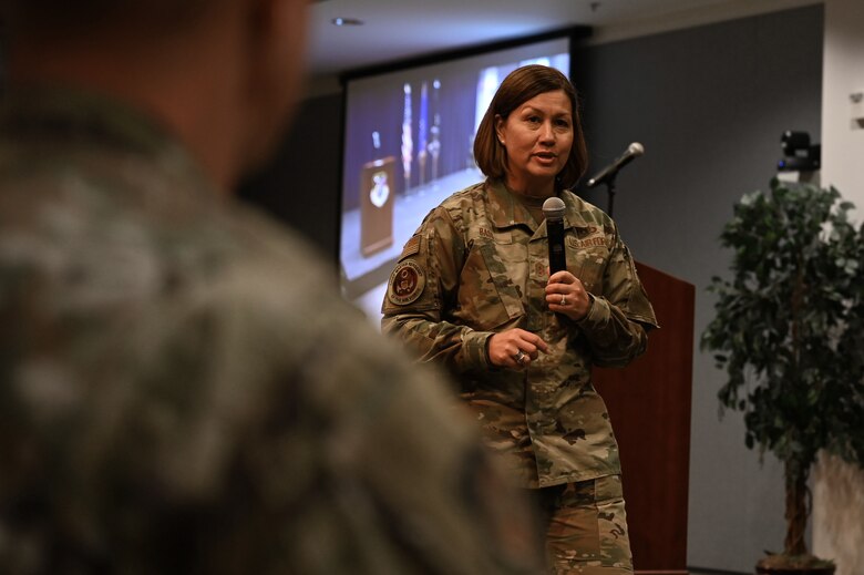 Chief Master Sgt. of the Air Force JoAnne S. Bass speaks to Space and Missile Systems Center and 61st Air Base Group Airmen and Guardians during an enlisted all call July 1, 2021, at Los Angeles Air Force Base, California. During her visit, Bass was immersed in the space acquisition mission, recognized outstanding performers and attended the retirement ceremony of Chief Master Sgt. Lisa Arnold, SMC command chief. (U.S. Space Force photo by Staff Sgt. Andrew Moore)