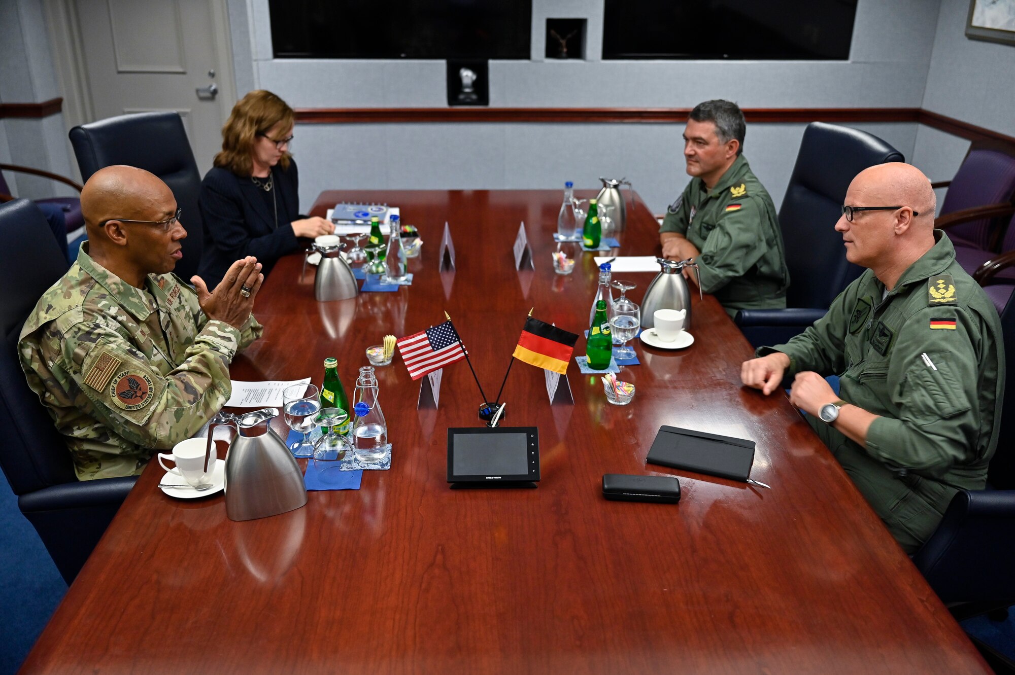 Air Force Chief of Staff Gen. CQ Brown, Jr., left, speaks with Lt. Gen. Ingo Gerhartz, inspector of the German air force, during a meeting