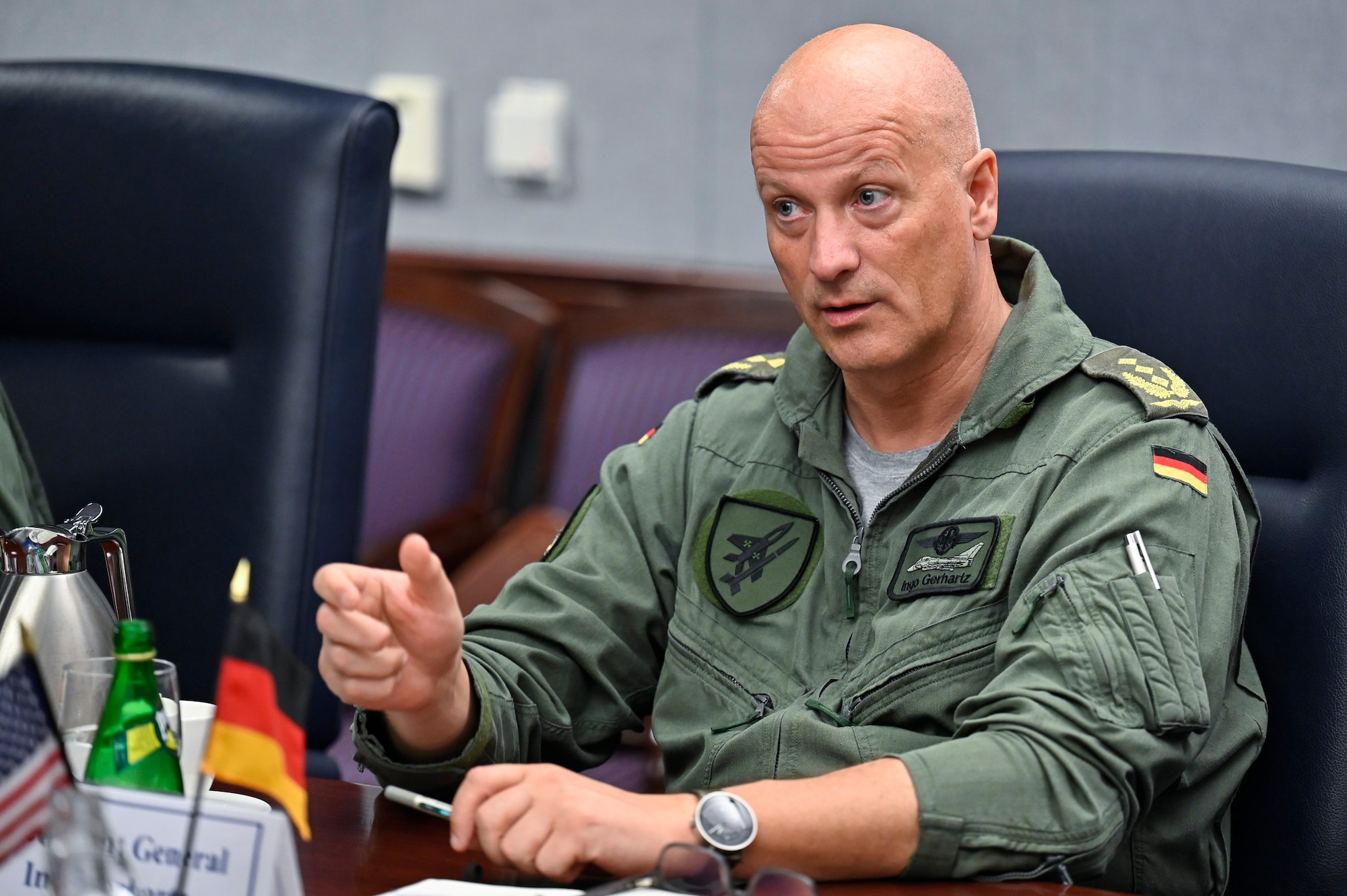 Lt. Gen. Ingo Gerhartz, inspector of the German air force, speaks with Air Force Chief of Staff Gen. CQ Brown, Jr. during a meeting