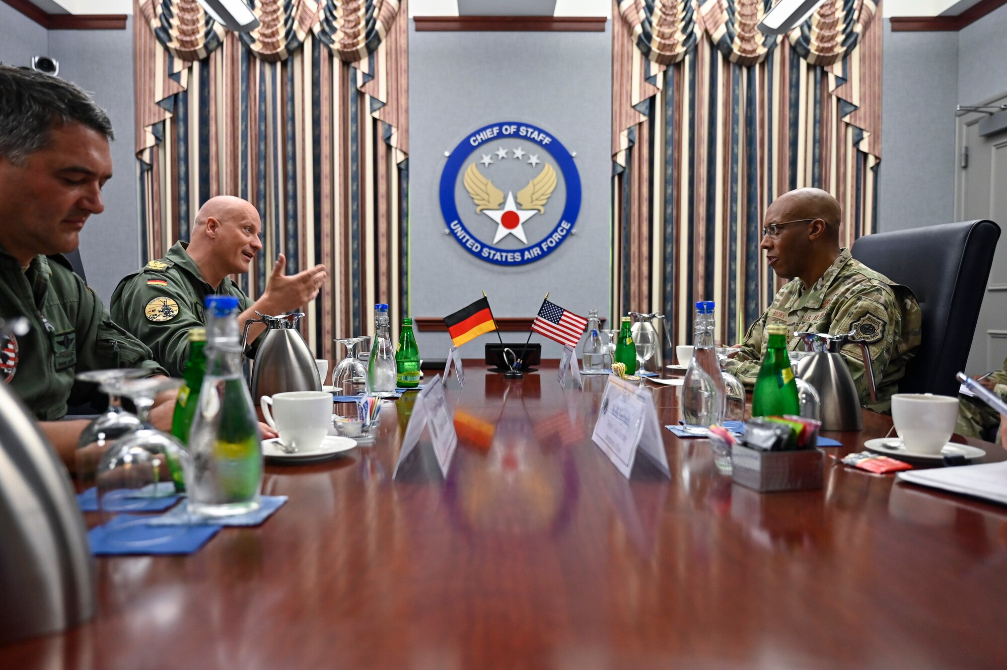 Lt. Gen. Ingo Gerhartz, inspector of the German air force, speaks with Air Force Chief of Staff Gen. CQ Brown, Jr. during a meeting