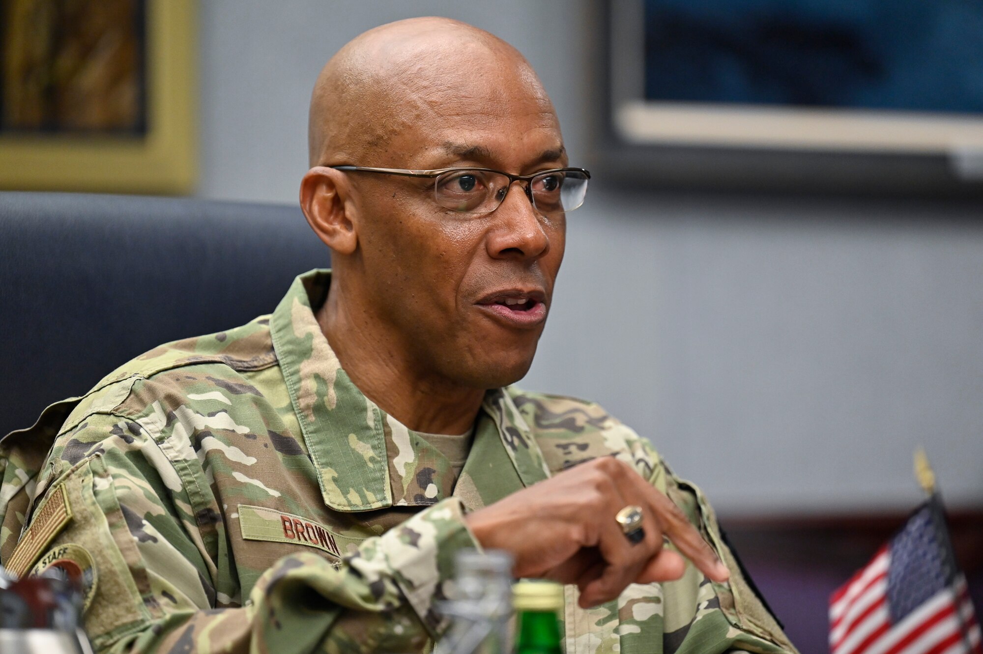 Air Force Chief of Staff Gen. CQ Brown, Jr. speaks with Lt. Gen. Ingo Gerhartz, inspector of the German air force, during a meeting