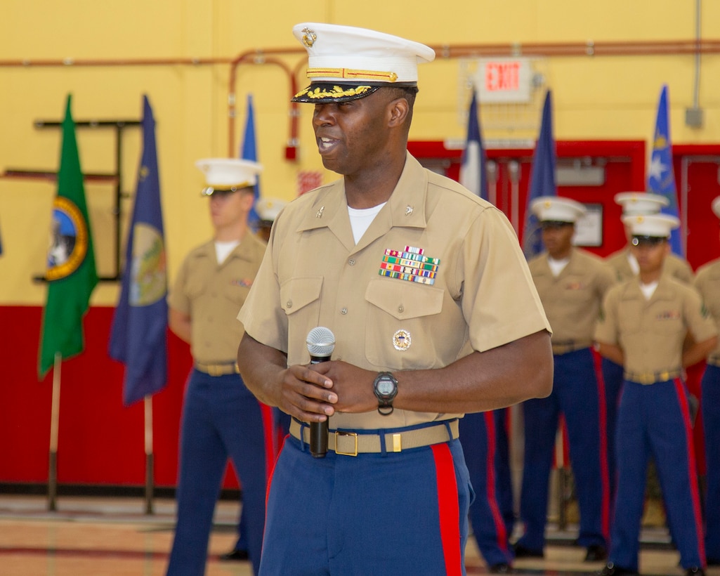 Colonel Gregory B. Pace, commanding officer, expresses his thanks to his wife and family for their support, and introduces himself during the Change of Command ceremony held at Semper Fit Gymnasium, aboard Marine Corps Logistics Base Barstow, California, July 1. Colonel Pace transitions to MCLB Barstow from 2nd Marine Expeditionary Brigade, II Marine Expeditionary Force where he served as the G4.
