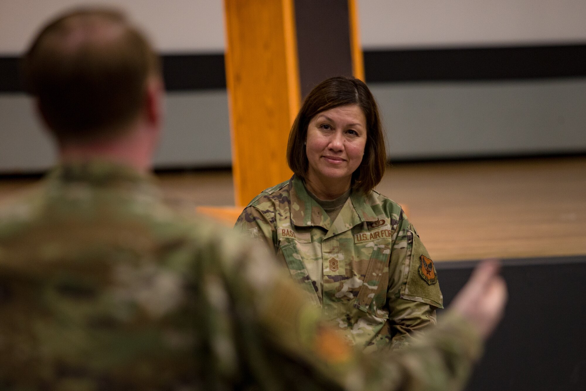 Chief Master Sgt. of the Air Force JoAnne S. Bass listens to an Airman during a Q&A forum at Edwards Air Force Base, California, June 28. (Air Force photo by Maygan Straight)
