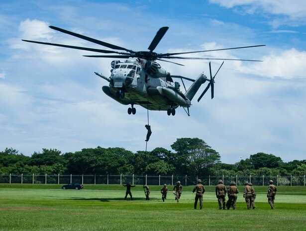 U.S. Marines with Maritime Raid Force, 31st Marine Expeditionary Unit, fast rope off a CH-53E Super Stallion, on Camp Hansen, Okinawa, Japan, June 3, 2021. The Marines conduct fast rope training in case they are required to depart from an aircraft in a timely manner or a possible landing in uneven terrain. The 31st MEU, the Marine Corps’ only continuously forward-deployed MEU, provides a flexible and lethal force ready to perform a wide range of military operations as the premier crisis response force in the Indo-Pacific region.