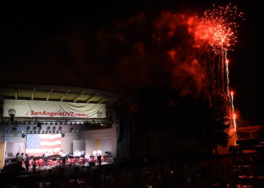 Fireworks light up the sky at the Star-Spangled Banner Concert and Fireworks show, at the Bill Aylor Sr. Memorial RiverStage in San Angelo, Texas, July 3, 2021. This year, the 4th of July concert was held for base and community members after being cancelled the previous year from the pandemic. (U.S. Air Force photo by Senior Airman Abbey Rieves)