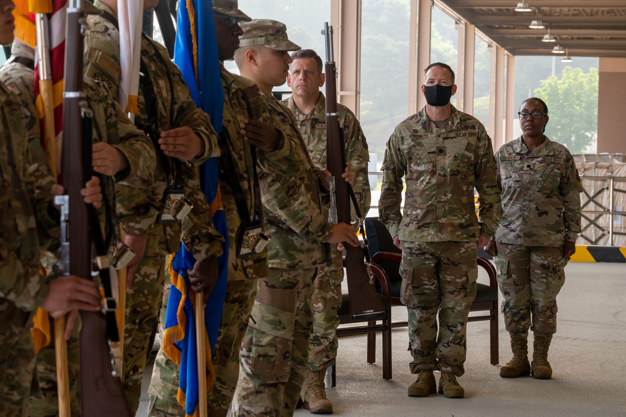 The Osan Air Base honor guard performs colors at the 731st Air Mobility Squadron change of command at Osan Air Base, Republic of Korea, July 1, 2021. The change of command ceremony is deeply rooted in military tradition that dates back to the reign of King Frederick of Prussia and has persisted into modern day. (U.S. Air Force photo by Tech. Sgt. Nicholas Alder)
