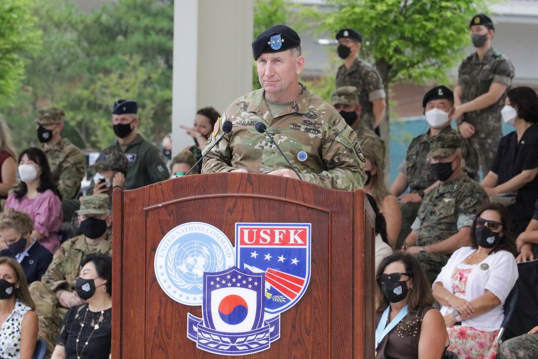 General Robert B. "Abe"Abrams gives farewell remarks during the United Nations Command, Combined Forces Command, and U.S. Forces Korea change of command ceremony on July 2, 2021 at Barker Field. (U.S. Army photo by Staff Sgt. Kris Bonet)