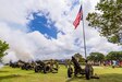 Fort Sam Houston Army Soldiers fire cannons during a Salute to the Nation ceremony, at the Joint Base San Antonio Main Flag Pole at MacArthur Parade Field at JBSA-Fort Sam Houston, Texas, July 4, 2021. The Soldiers fired 50 rounds as a salute to each of the 50 United States.