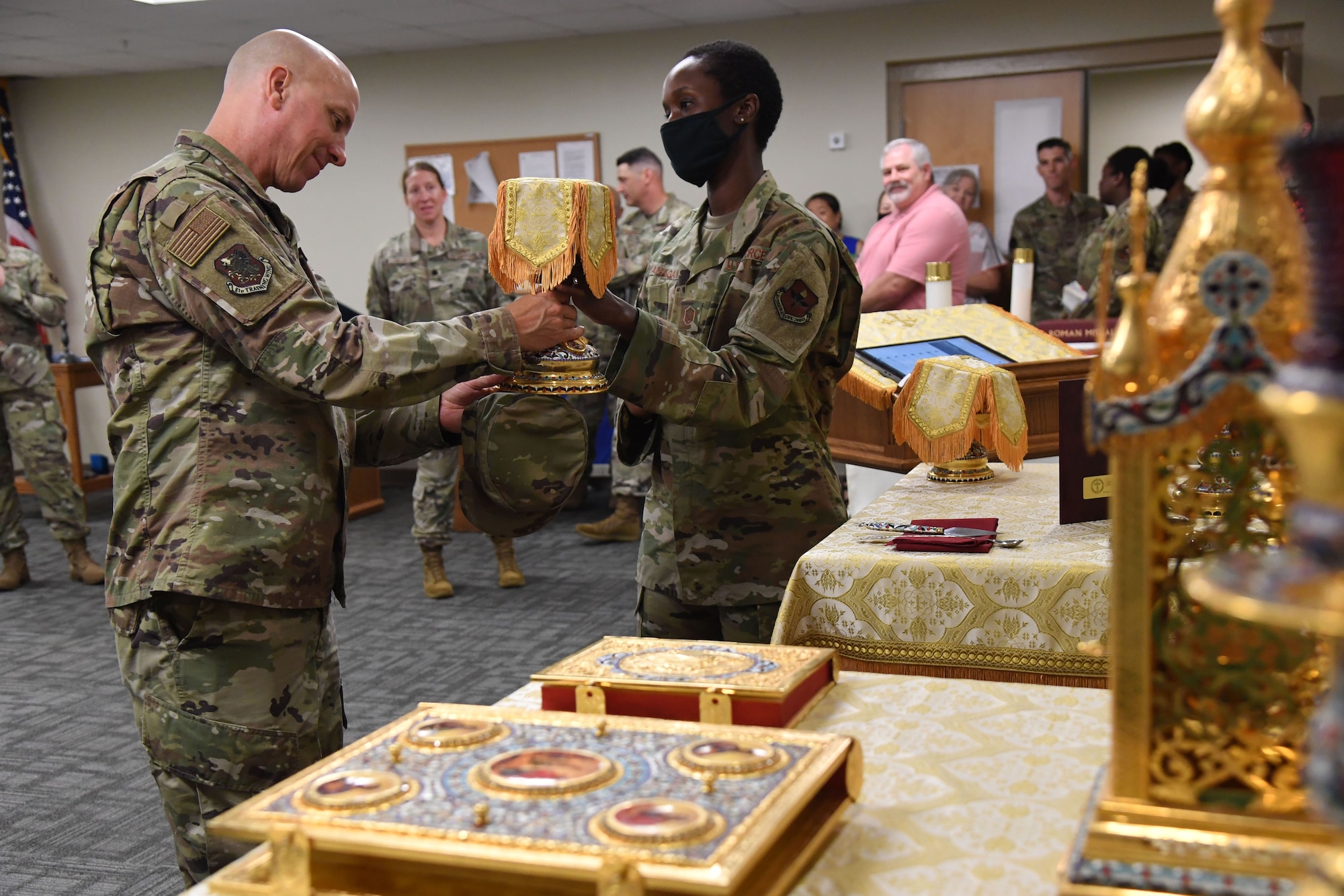 U.S. Air Force Col. William Hunter, 81st Training Wing commander, tours the religious affairs course classroom inside Allee Hall during an 81st Training Group immersion tour at Keesler Air Force Base, Mississippi, June 22, 2021. The purpose of the tour was to become more familiar with Keesler's mission. (U.S. Air Force photo by Kemberly Groue)