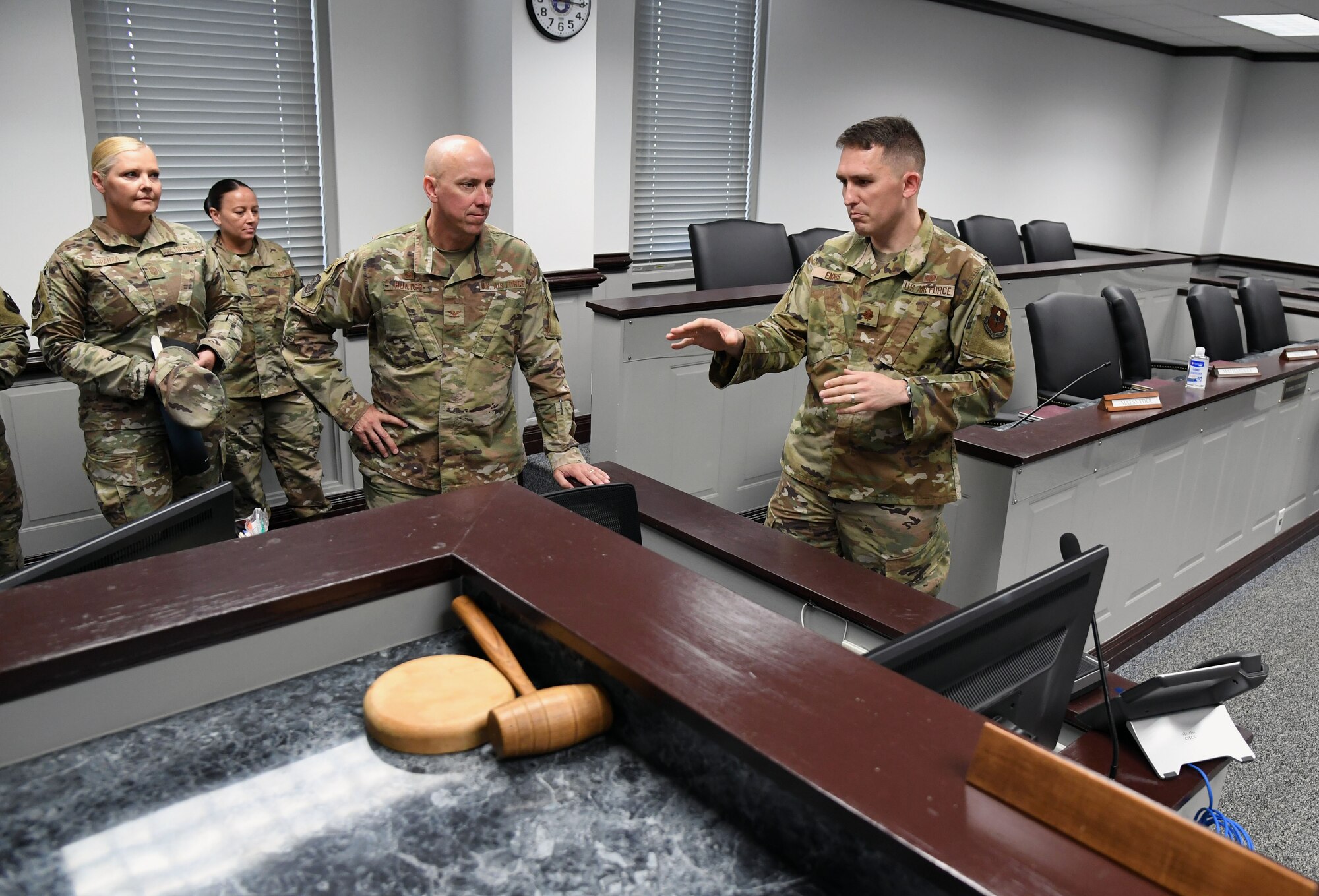 U.S. Air Force Col. William Hunter, 81st Training Wing commander, tours the court room inside the Sablich Center during an 81st Training Wing wing staff agency immersion tour at Keesler Air Force Base, Mississippi, June 28, 2021. The purpose of the tour was to become more familiar with Keesler's mission. (U.S. Air Force photo by Kemberly Groue)