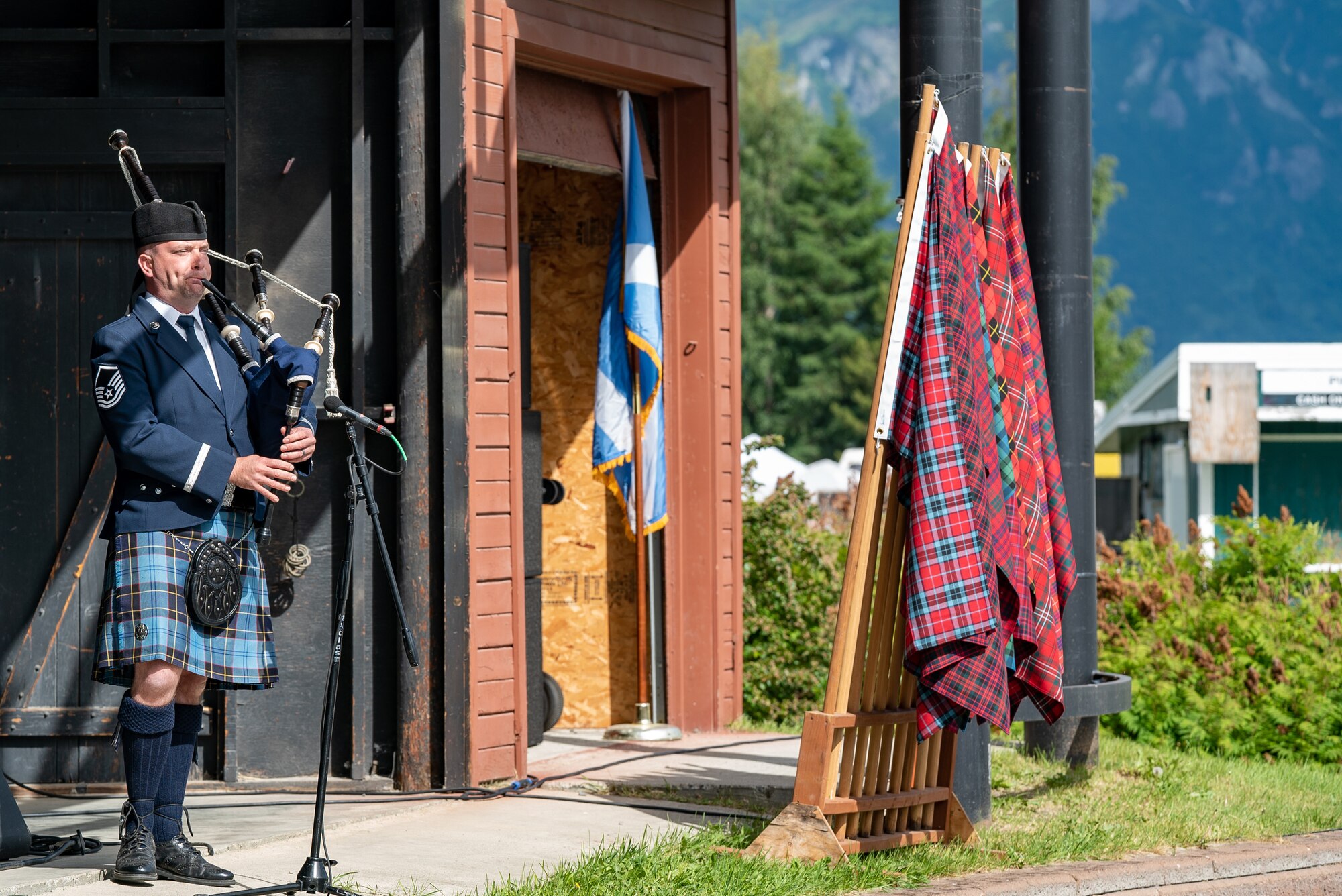 U.S. Air Force Master Sgt. Adam Tianello,  U.S. Air Force Band ensemble Celtic Aire bagpipist, plays at the Alaska Scottish Highland Games in Palmer, Alaska, June 26, 2021.