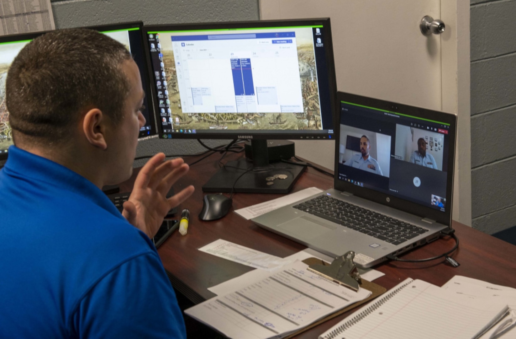 Petty Officer 1st Class Knute Klotz, a Recruiter School instructor, conducts a virtual interview session as part of the curriculum, June 23, 2021, at Training Center Cape May.

During COVID, many Force Readiness Command (FORCECOM) courses were re-imaged to have online content delivered remotely.

U.S. Coast Guard photo by Chief Warrant Officer 2 Timothy Tamargo