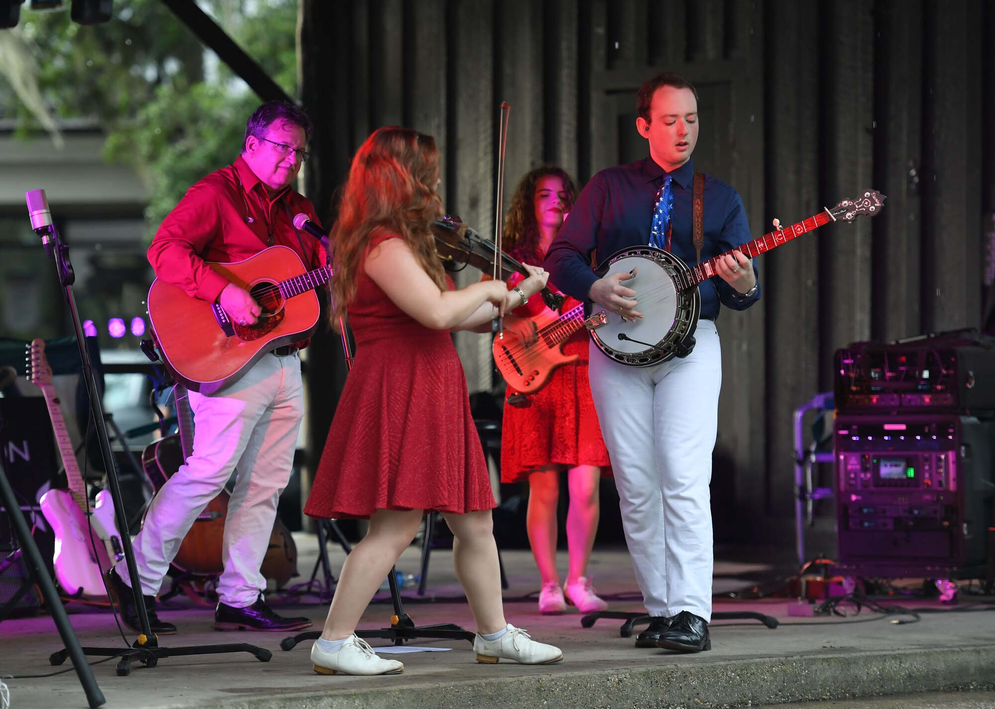 The Williamson Branch band performs during Freedom Fest at Marina Park at Keesler Air Force Base, Mississippi, July 2, 2021. The event also included hot wings and watermelon eating competitions and fireworks. (U.S. Air Force photo by Kemberly Groue)