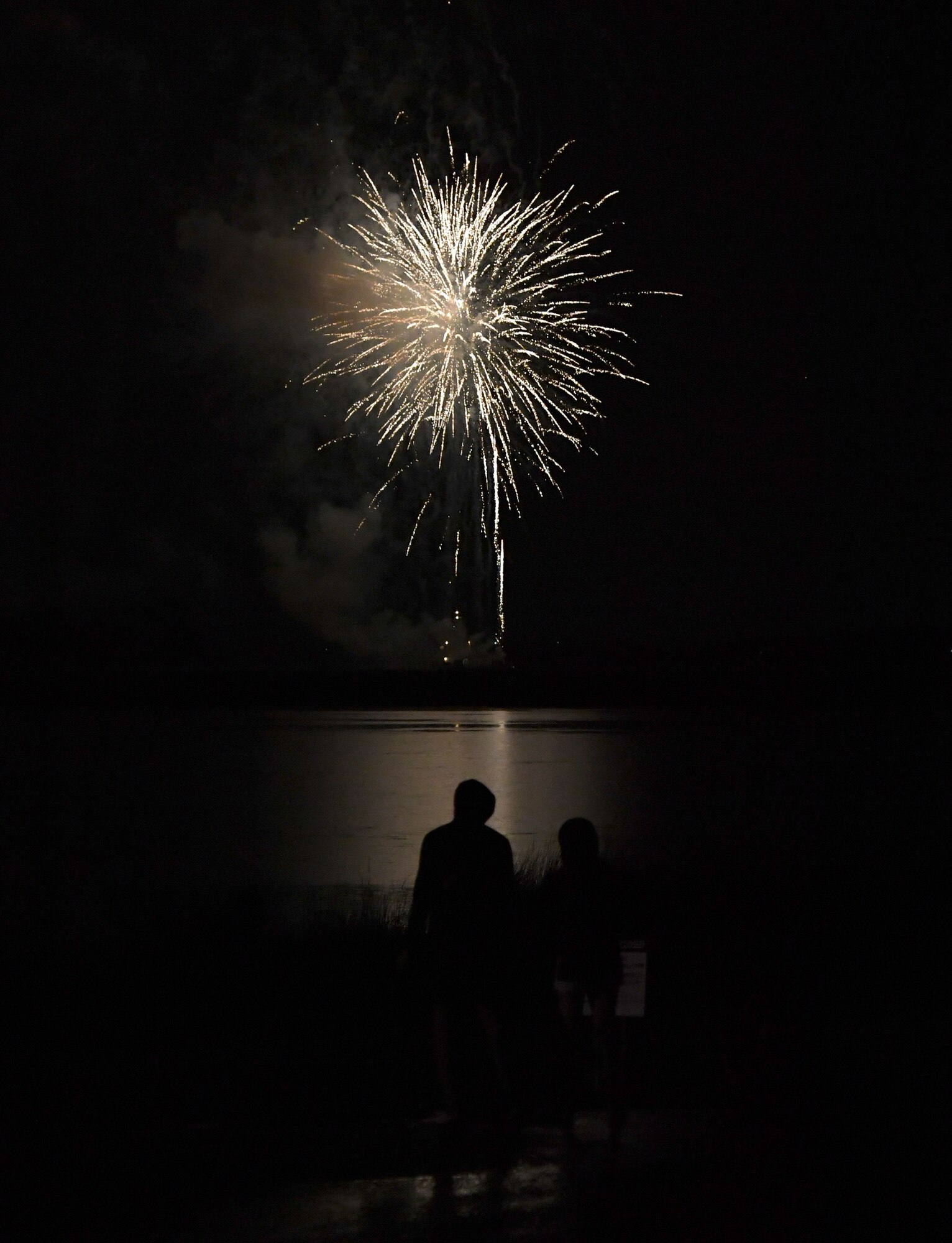 Keesler families watch a fireworks display during Freedom Fest at Marina Park at Keesler Air Force Base, Mississippi, July 2, 2021. The event also included hot dogs and watermelon eating competitions. (U.S. Air Force photo by Kemberly Groue)