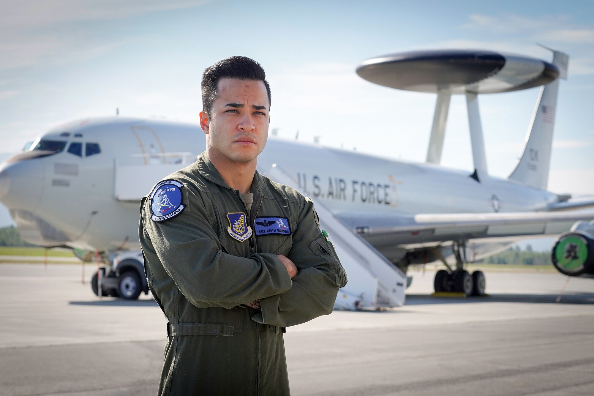 U.S. Air Force Tech. Sgt. Keith Miranda, a 962nd Airborne Air Control Squadron surveillance evaluator, and native of Jacksonville, NC, recently received a one-day notice to test a new Northern American Aerospace Defense network. Miranda's critical role ensured there were no errors and data transmitted was being received accurately between agencies. The testing is NORAD-wide, and the testing phase spanned through the Continental NORAD Region, Canada NORAD Region, Alaska NORAD region, F-22 Raptor, F-35 Lightning, E-3 Sentry Airborne Early Warning and Control System, and the 176th Air Defense Sector.