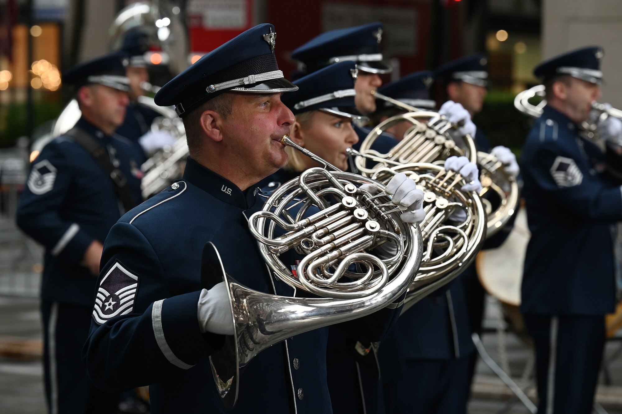 U.S. Air Force Master Sgt. Mike Hampf, a French horn player assigned to The United States Air Force Band’s Ceremonial Brass, plays during a live broadcast on the TODAY Show in New York City July 2, 2021. The official ceremonial ensemble comprises 41 active-duty Airmen who provide musical support for funerals at Arlington National Cemetery, arrivals for foreign heads of state at the White House and Pentagon, patriotic programs, changes of command, retirements, and awards ceremonies. (U.S. Air Force photo by Staff Sgt. Kayla White)