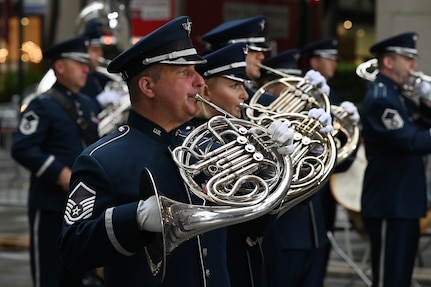 U.S. Air Force Master Sgt. Mike Hampf, a French horn player assigned to The United States Air Force Band’s Ceremonial Brass, plays during a live broadcast on the TODAY Show in New York City July 2, 2021. The official ceremonial ensemble comprises 41 active-duty Airmen who provide musical support for funerals at Arlington National Cemetery, arrivals for foreign heads of state at the White House and Pentagon, patriotic programs, changes of command, retirements, and awards ceremonies. (U.S. Air Force photo by Staff Sgt. Kayla White)