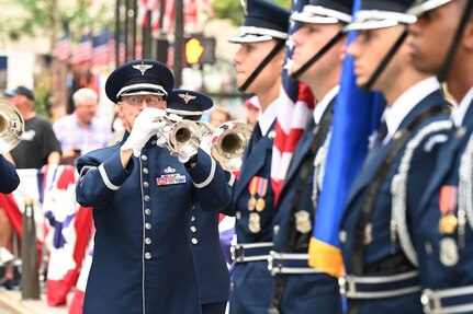 U.S. Air Force Senior Master Sgt. Ken Oedemann, a trumpet player assigned to The United States Air Force Band’s Ceremonial Brass, performs during a live broadcast on the TODAY Show in New York City July 2, 2021. Oedemann will retire in December 2021 after 26 years of service as a U.S. Air Force musician. The official ceremonial ensemble comprises 41 active-duty Airmen who provide musical support for funerals at Arlington National Cemetery, arrivals for foreign heads of state at the White House and Pentagon, patriotic programs, changes of command, retirements, and awards ceremonies. (U.S. Air Force photo by Staff Sgt. Kayla White)