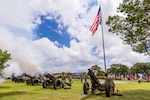 Fort Sam Houston Army Soldiers fire cannons during a Salute to the Nation ceremony, at the Joint Base San Antonio Main Flag Pole at MacArthur Parade Field at JBSA-Fort Sam Houston, Texas, July 4, 2021. The Soldiers fired 50 rounds as a salute to each of the 50 United States.