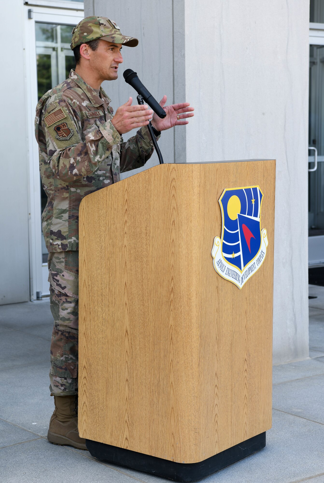 Col. Jeffrey Geraghty, commander, Arnold Engineering Development Complex, addresses AEDC military and Department of Defense personnel gathered for a retreat ceremony after the AEDC “Hap Arnold Day” 70th Anniversary Celebration Open House, June 26, 2021, at Arnold Air Force Base, Tenn. (U.S. Air Force photo by Jill Pickett)