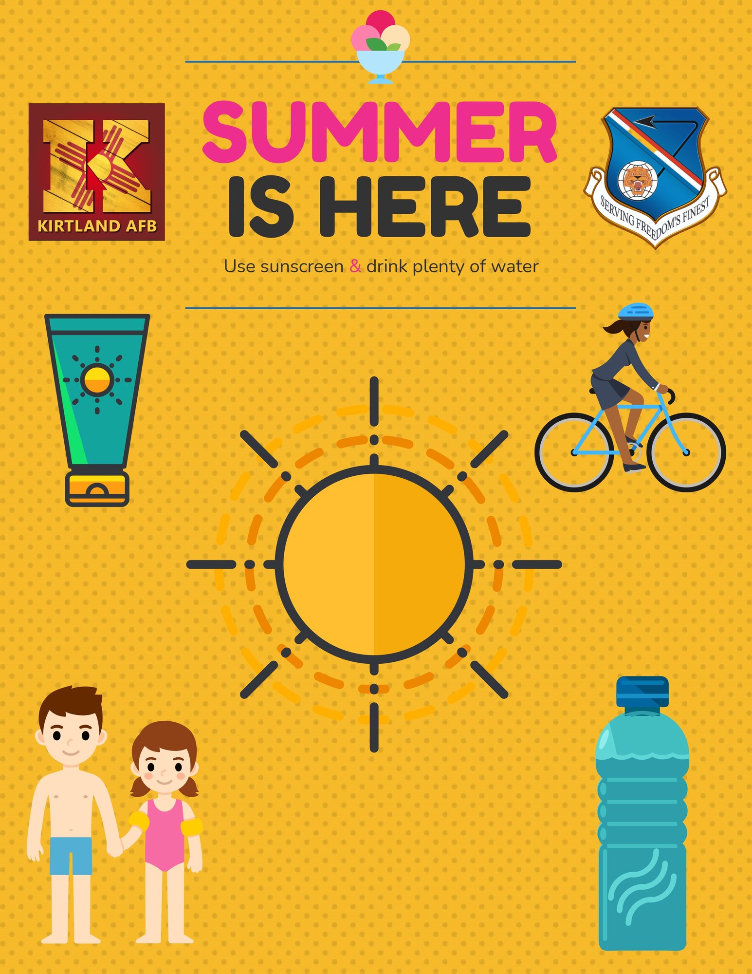 Poster about summer safety, emphasizing sunscreen and hydration.