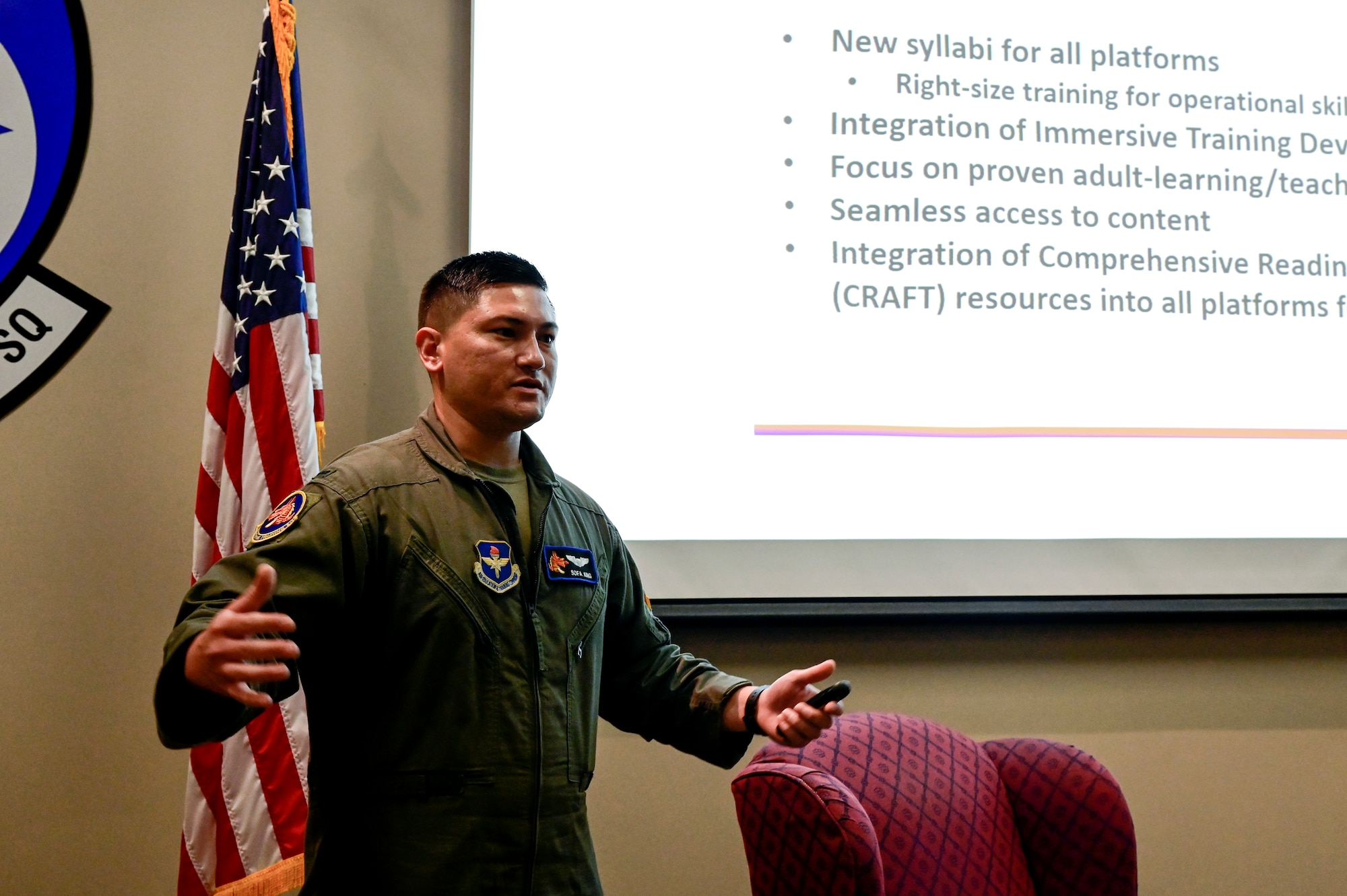1st Lt. Donald King, 33rd Flight Training Squadron operations flight commander and first assignment instructor pilot (FAIP), answers questions from 314th Airlift Wing members