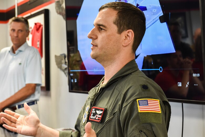 2nd Air Refueling Squadron Commander Lt. Col. Nicholas Arthur speaks to Airmen, friends and family during an informal ceremony at Joint Base McGuire-Dix-Lakehurst, N.J., July 1, 2021. The ceremony was held in the Duce Heritage room and honored the squadron's time with the KC-10 and working alongside the aircraft's flight engineers.