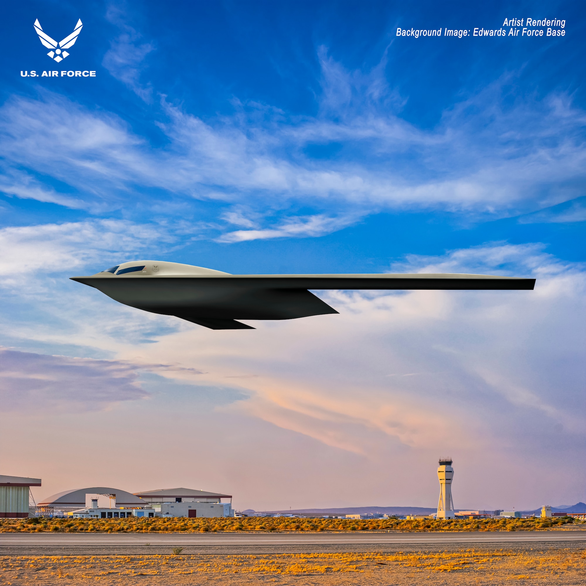 Shown is a B-21 Raider artist rendering graphic. The rendering highlights the future stealth bomber with Edwards Air Force Base, Calif., as the backdrop. Designed to perform long range conventional and nuclear missions and to operate in tomorrow’s high end threat environment, the B-21 will be a visible and flexible component of the nuclear triad. (U.S. Air Force graphic)