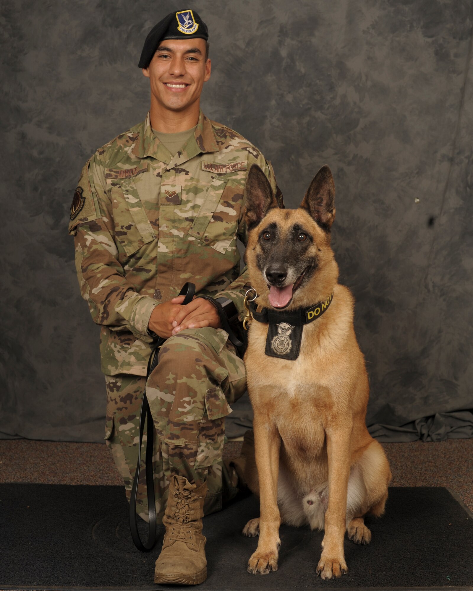 Man in uniform kneels next to Military Working Dog for a photo.