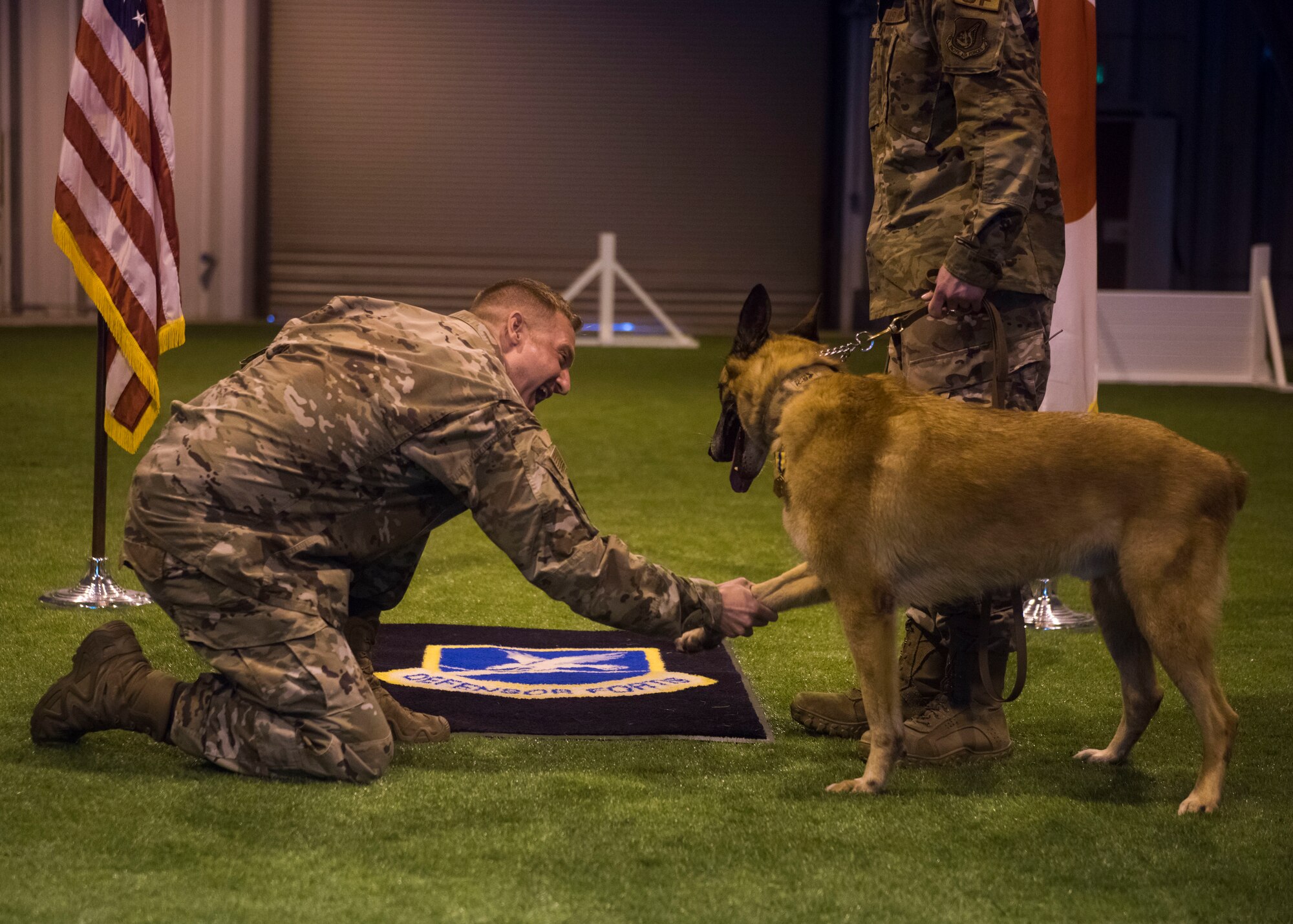 Man in uniforms shakes hands with a Military Working Dog.