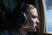 U.S. Marine Corps Cpl. Danielle Henderson looks out of a KC-130J Super Hercules flying over Rissala Air Base, near Kuopio, Finland, June 8, 2021.
