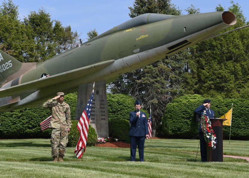 104th Fighter Wing members gather to honor their brothers and sisters in arms fallen in flight during the annual F-100 Memorial Rededication Ceremony, May 21, 2021, at Barnes Air National Guard Base, Massachusetts. A firing squad made up of Airmen from across the wing fired a 21 gun salute in honor of our fallen. The ceremony honors 13 104FW Airmen for their service and sacrifice in duty to the state and country.

It is in memory of: 
- 1st Lt. Edward W. Meacham, Monomoy Point, Massachusetts, Aug. 17, 1948
- Maj. Robert Anderstrom, Granby, Connecticut, May 7,1954 
- 1st Lt. Richard Brown, Granville, Massachusetts, Oct. 19, 1954
- Tech. Sgt. Austin A. Cooper, Granville, Massachusetts, Oct. 19, 1954
- Capt. Frank A. Gibe, Westfield, Massachusetts, July 28, 1956 
- Maj. Richard W. Mahoney, New Orleans, Louisiana, April 22, 1961 
- 1st Lt. Joseph F. Crehore, Chalons, France March 21, 1962 
- Capt. Hugh M. Lavalle, Upstate New York, Nov. 16, 1963
- Capt. John H. Paris, Westfield, Massachusetts, July 17, 1964 
- Maj. James Romanowicz, Granby, Massachusetts, Feb. 1, 1965 
- Capt. Leonard E. Bannish, Wilkes-Barre, Pennsylvania, May 30, 1968 
- Maj. John S. Southrey, Wells, New York, Sept. 17, 1968 
- Lt. Col. Morris “Moose” Fontenot Jr., Deerfield Valley, Virginia, Aug. 27, 2014

(U.S. Air National Guard photo by Senior Airman Sara Kolinski)
