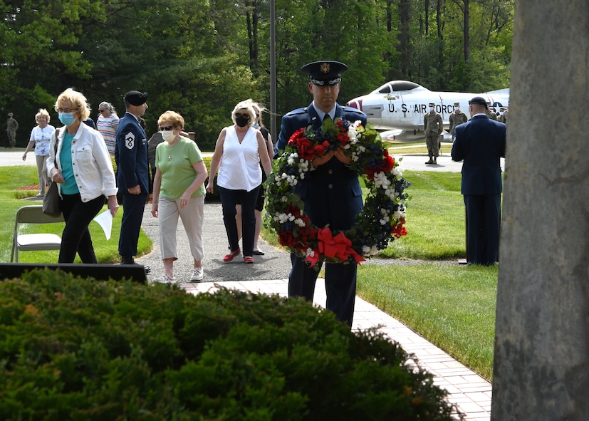 104th Fighter Wing members gather to honor their brothers and sisters in arms fallen in flight during the annual F-100 Memorial Rededication Ceremony, May 21, 2021, at Barnes Air National Guard Base, Massachusetts. A firing squad made up of Airmen from across the wing fired a 21 gun salute in honor of our fallen. The ceremony honors 13 104FW Airmen for their service and sacrifice in duty to the state and country.

It is in memory of: 
- 1st Lt. Edward W. Meacham, Monomoy Point, Massachusetts, Aug. 17, 1948
- Maj. Robert Anderstrom, Granby, Connecticut, May 7,1954 
- 1st Lt. Richard Brown, Granville, Massachusetts, Oct. 19, 1954
- Tech. Sgt. Austin A. Cooper, Granville, Massachusetts, Oct. 19, 1954
- Capt. Frank A. Gibe, Westfield, Massachusetts, July 28, 1956 
- Maj. Richard W. Mahoney, New Orleans, Louisiana, April 22, 1961 
- 1st Lt. Joseph F. Crehore, Chalons, France March 21, 1962 
- Capt. Hugh M. Lavalle, Upstate New York, Nov. 16, 1963
- Capt. John H. Paris, Westfield, Massachusetts, July 17, 1964 
- Maj. James Romanowicz, Granby, Massachusetts, Feb. 1, 1965 
- Capt. Leonard E. Bannish, Wilkes-Barre, Pennsylvania, May 30, 1968 
- Maj. John S. Southrey, Wells, New York, Sept. 17, 1968 
- Lt. Col. Morris “Moose” Fontenot Jr., Deerfield Valley, Virginia, Aug. 27, 2014

(U.S. Air National Guard photo by Senior Airman Sara Kolinski)