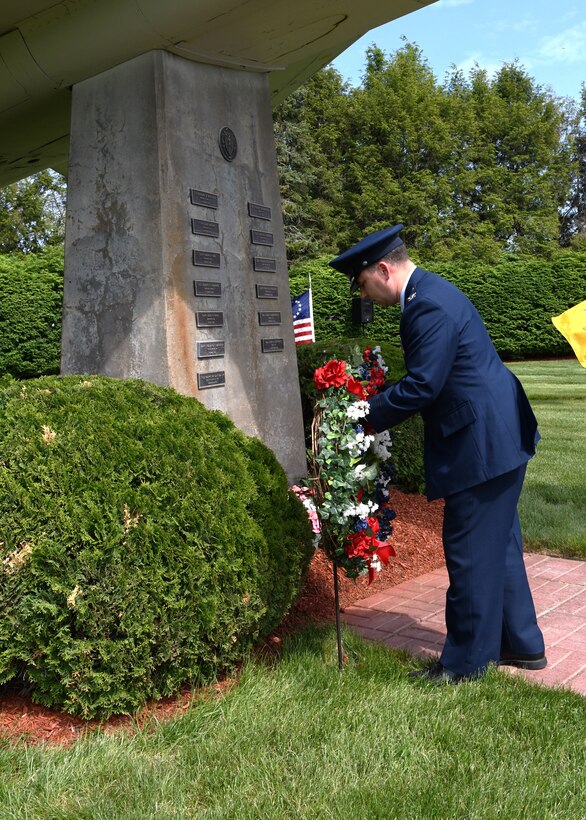 104th Fighter Wing members gather to honor their brothers and sisters in arms fallen in flight during the annual F-100 Memorial Rededication Ceremony, May 21, 2021, at Barnes Air National Guard Base, Massachusetts. A firing squad made up of Airmen from across the wing fired a 21 gun salute in honor of our fallen. The ceremony honors 13 104FW Airmen for their service and sacrifice in duty to the state and country.

It is in memory of: 
- 1st Lt. Edward W. Meacham, Monomoy Point, Massachusetts, Aug. 17, 1948
- Maj. Robert Anderstrom, Granby, Connecticut, May 7,1954 
- 1st Lt. Richard Brown, Granville, Massachusetts, Oct. 19, 1954
- Tech. Sgt. Austin A. Cooper, Granville, Massachusetts, Oct. 19, 1954
- Capt. Frank A. Gibe, Westfield, Massachusetts, July 28, 1956 
- Maj. Richard W. Mahoney, New Orleans, Louisiana, April 22, 1961 
- 1st Lt. Joseph F. Crehore, Chalons, France March 21, 1962 
- Capt. Hugh M. Lavalle, Upstate New York, Nov. 16, 1963
- Capt. John H. Paris, Westfield, Massachusetts, July 17, 1964 
- Maj. James Romanowicz, Granby, Massachusetts, Feb. 1, 1965 
- Capt. Leonard E. Bannish, Wilkes-Barre, Pennsylvania, May 30, 1968 
- Maj. John S. Southrey, Wells, New York, Sept. 17, 1968 
- Lt. Col. Morris “Moose” Fontenot Jr., Deerfield Valley, Virginia, Aug. 27, 2014

(U.S. Air National Guard photo by Senior Airman Sara Kolinski)