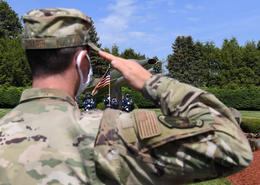 104th Fighter Wing members gather to honor their brothers and sisters in arms fallen in flight during the annual F-100 Memorial Rededication Ceremony, May 21, 2021, at Barnes Air National Guard Base, Massachusetts. A firing squad made up of Airmen from across the wing fired a 21 gun salute in honor of our fallen. The ceremony honors 13 104FW Airmen for their service and sacrifice in duty to the state and country.

It is in memory of: 
- 1st Lt. Edward W. Meacham, Monomoy Point, Massachusetts, Aug. 17, 1948
- Maj. Robert Anderstrom, Granby, Connecticut, May 7,1954 
- 1st Lt. Richard Brown, Granville, Massachusetts, Oct. 19, 1954
- Tech. Sgt. Austin A. Cooper, Granville, Massachusetts, Oct. 19, 1954
- Capt. Frank A. Gibe, Westfield, Massachusetts, July 28, 1956 
- Maj. Richard W. Mahoney, New Orleans, Louisiana, April 22, 1961 
- 1st Lt. Joseph F. Crehore, Chalons, France March 21, 1962 
- Capt. Hugh M. Lavalle, Upstate New York, Nov. 16, 1963
- Capt. John H. Paris, Westfield, Massachusetts, July 17, 1964 
- Maj. James Romanowicz, Granby, Massachusetts, Feb. 1, 1965 
- Capt. Leonard E. Bannish, Wilkes-Barre, Pennsylvania, May 30, 1968 
- Maj. John S. Southrey, Wells, New York, Sept. 17, 1968 
- Lt. Col. Morris “Moose” Fontenot Jr., Deerfield Valley, Virginia, Aug. 27, 2014

(U.S. Air National Guard photo by Senior Airman Sara Kolinski)