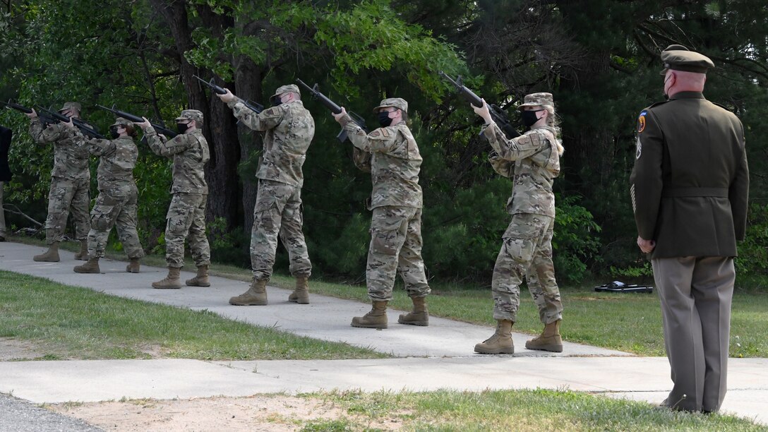 104th Fighter Wing members gather to honor their brothers and sisters in arms fallen in flight during the annual F-100 Memorial Rededication Ceremony, May 21, 2021, at Barnes Air National Guard Base, Massachusetts. A firing squad made up of Airmen from across the wing fired a 21 gun salute in honor of our fallen. The ceremony honors 13 104FW Airmen for their service and sacrifice in duty to the state and country.

It is in memory of: 
- 1st Lt. Edward W. Meacham, Monomoy Point, Massachusetts, Aug. 17, 1948
- Maj. Robert Anderstrom, Granby, Connecticut, May 7,1954 
- 1st Lt. Richard Brown, Granville, Massachusetts, Oct. 19, 1954
- Tech. Sgt. Austin A. Cooper, Granville, Massachusetts, Oct. 19, 1954
- Capt. Frank A. Gibe, Westfield, Massachusetts, July 28, 1956 
- Maj. Richard W. Mahoney, New Orleans, Louisiana, April 22, 1961 
- 1st Lt. Joseph F. Crehore, Chalons, France March 21, 1962 
- Capt. Hugh M. Lavalle, Upstate New York, Nov. 16, 1963
- Capt. John H. Paris, Westfield, Massachusetts, July 17, 1964 
- Maj. James Romanowicz, Granby, Massachusetts, Feb. 1, 1965 
- Capt. Leonard E. Bannish, Wilkes-Barre, Pennsylvania, May 30, 1968 
- Maj. John S. Southrey, Wells, New York, Sept. 17, 1968 
- Lt. Col. Morris “Moose” Fontenot Jr., Deerfield Valley, Virginia, Aug. 27, 2014

(U.S. Air National Guard photo by Senior Airman Sara Kolinski)