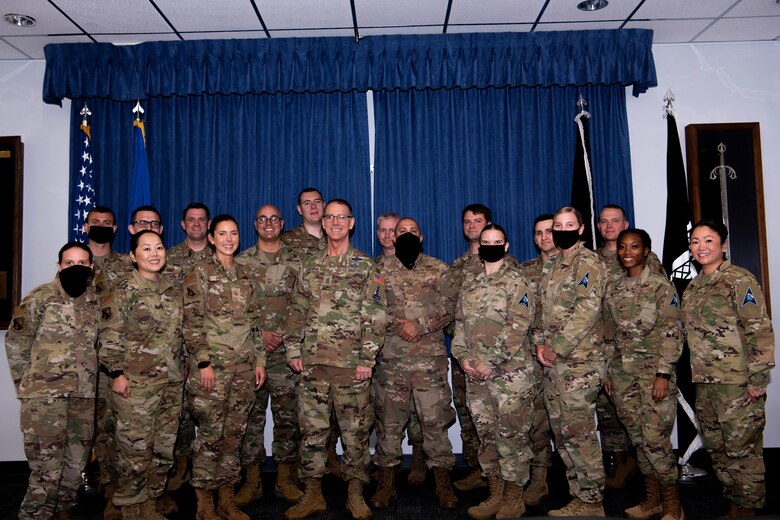 Chief Master Sgt. of the Space Force Roger A. Towberman poses with instructors from the Vosler Non-Commissioned Officer Academy at Peterson Air Force Base, Colorado, July 1, 2021.  The VNCOA was named the Department of the Air Force NCOA of the Year. The VNCOA transferred from the U.S. Air Force to the U.S. Space Force, Oct. 21, 2020, giving the USSF its first professional military education center. (U.S. Space Force photo by Airman 1st Class Joshua Fontenot)