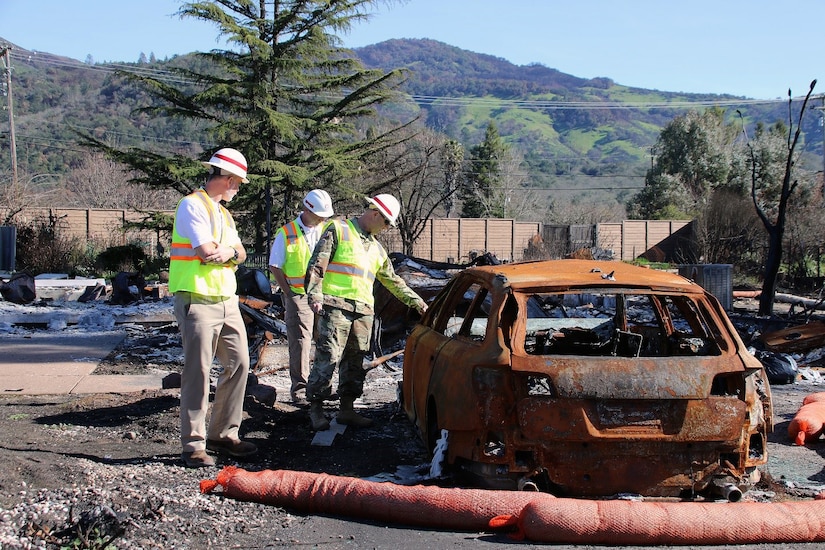 Corps personnel assessing scorched infrastructure after the October 2017 Northern California Wildfires, which covered more than 245,000 acres of land. In coordination with FEMA, corps volunteers deployed to Sonoma to support the Consolidated Debris Removal Program which removed more than 2.2 million tons of ash from the affected areas (U.S. Army photo by Carol Vernon).