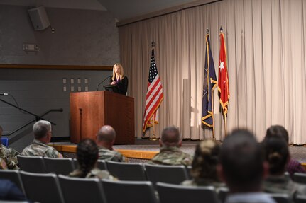 Elizabeth Smart speaks to Service members and employees of the Utah National Guard May 24, 2021 at Draper, Utah.
