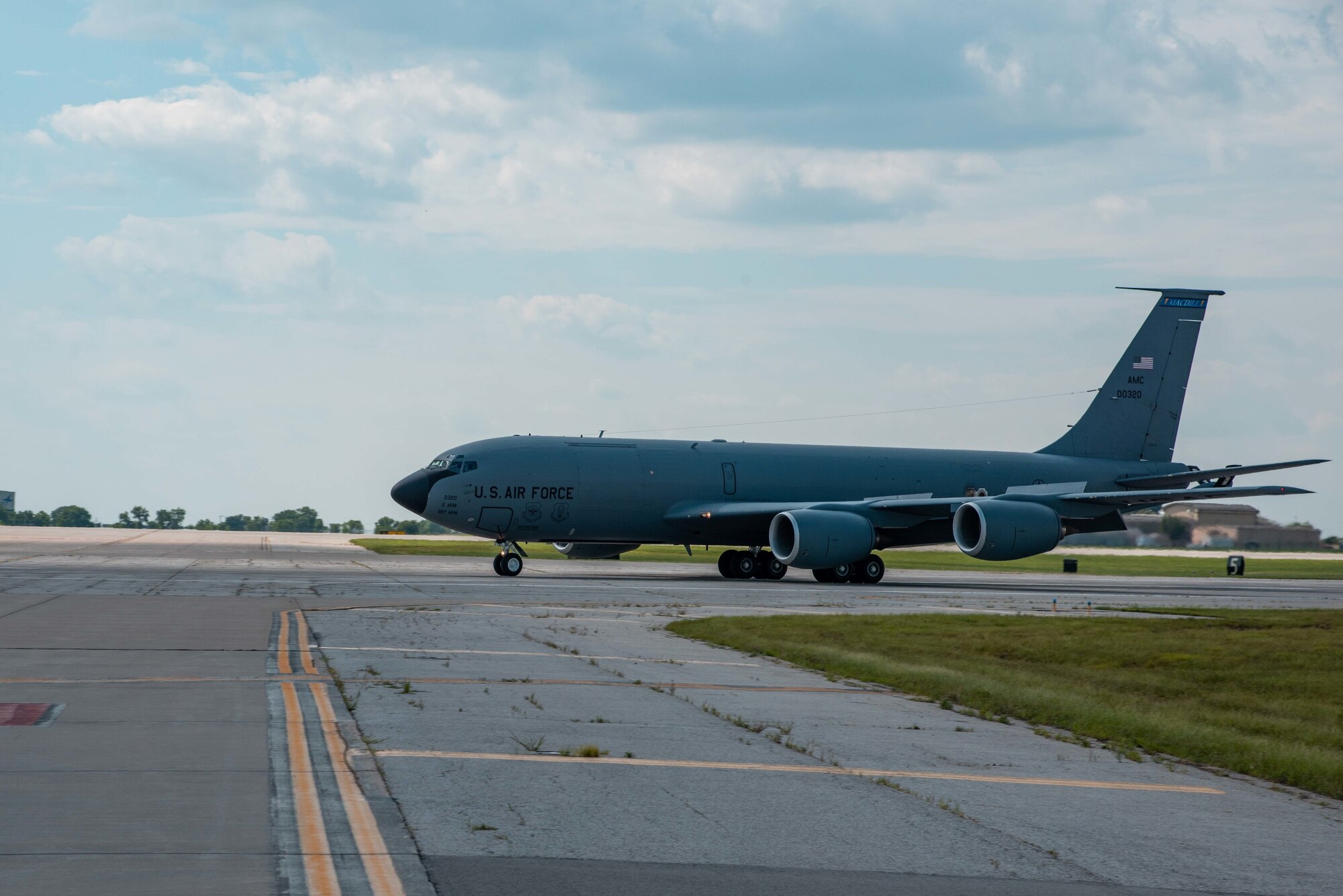 A KC-135 Stratotanker from MacDill Air Force Base, Florida taxi’s the runway July 4, 2021, at McConnell AFB, Kansas. Approximately 10 Aircraft were evacuated to McConnell AFB due to tropical storm Elsa. The aircraft will return to MacDill AFB when conditions return to normal. (U.S. Air Force photo by Airman 1st Class Zachary Willis)