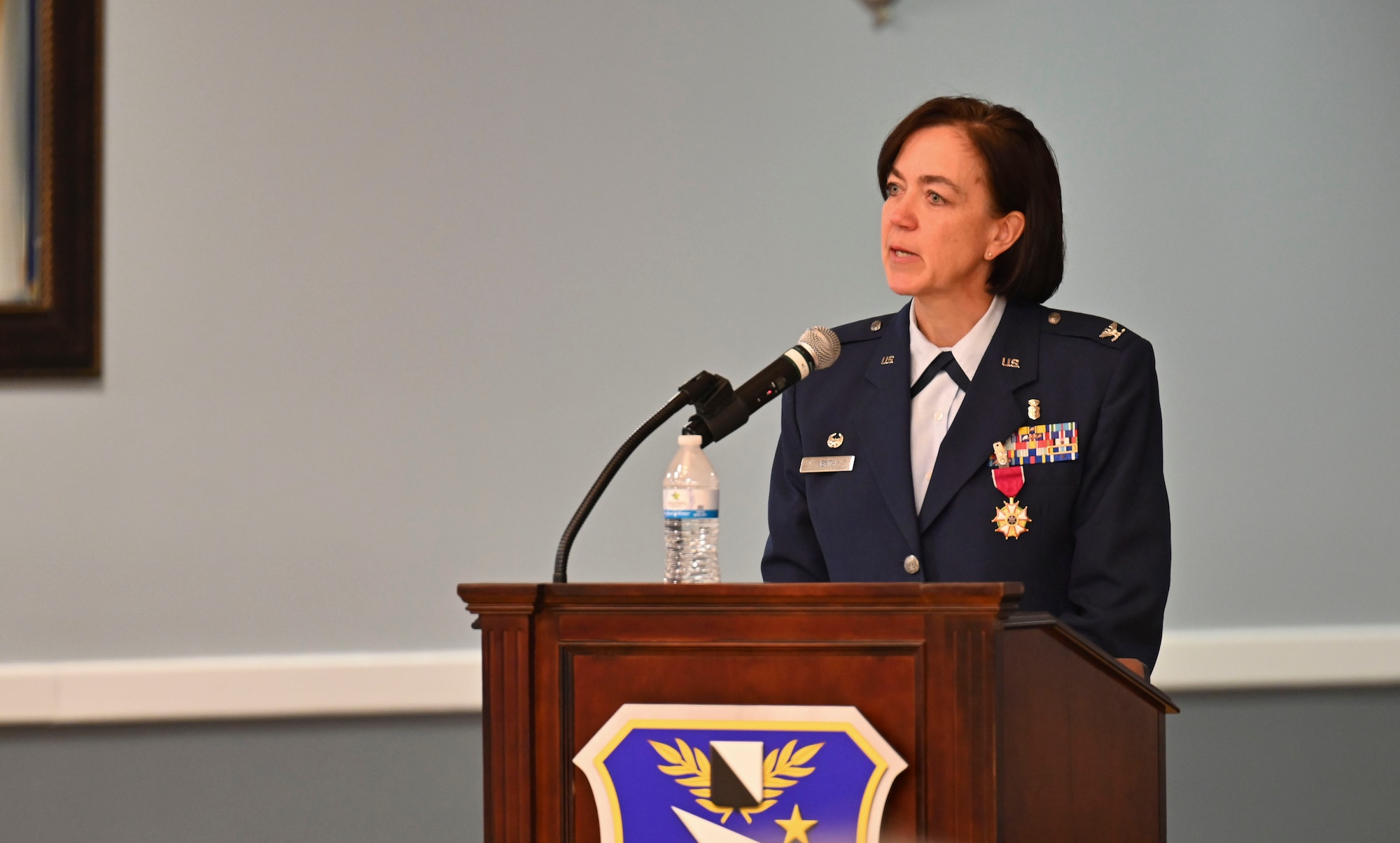 U.S. Air Force Col. Betty Venth, out-going 14th Medical Group commander, speaks to attendees at the 14th Medical Group Change of Command Ceremony, July 6, 2021, on Columbus Air Force Base, Miss. Venth led the Air Education and Training commands number one COVID-19 vaccination use rate, while battling a public health emergency. (U.S. Air Force photo by Airman 1st Class Jessica Haynie)