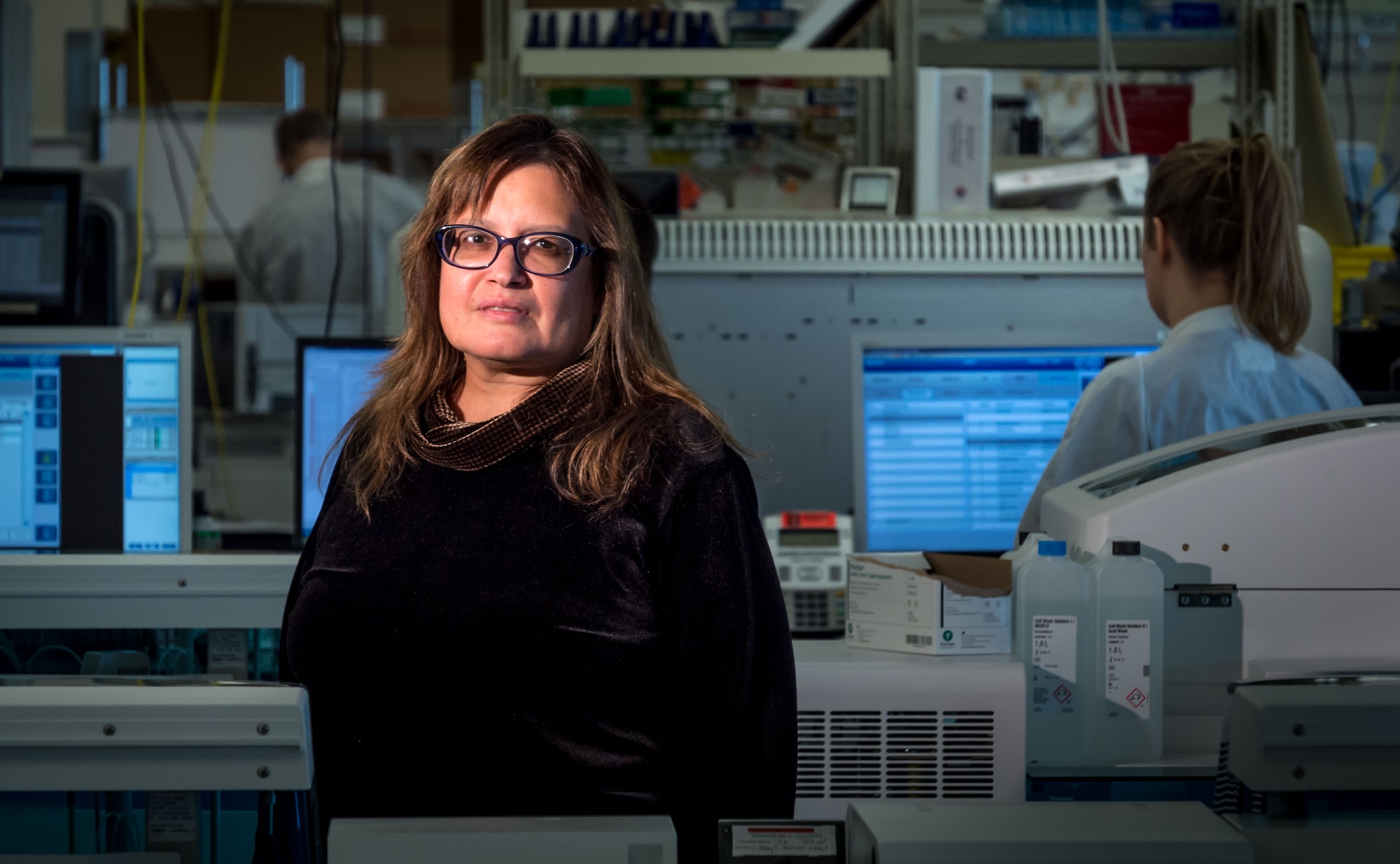 Elizabeth Macias, Ph.D., is a clinical microbiologist, and director of the Epidemiology Laboratory Service, also known as the ‘Epi Lab,’ at the 711th Human Performance Wing’s United States Air Force School of Aerospace Medicine and Public Health at Wright Patterson AFB, Ohio. The lab, which receives between 5,000 and 8,000 samples, six days a week, for analysis, routinely reports results to Department of Defense hospitals and clinics around the world within 48 hours of a sample being shipped to the lab. (U.S. Air Force photo by J.M. Eddins Jr.)