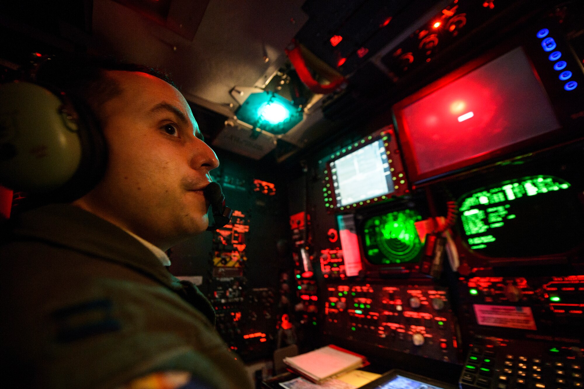 Capt. Zachary Proano, a radar navigator with the 23rd Bomb Squadron, flies a live ordnance training mission in a B-52H Stratofortress over the Nevada Test and Training Range, Nev. (U.S. Air Force photo/Staff Sgt. Jonathan Snyder)