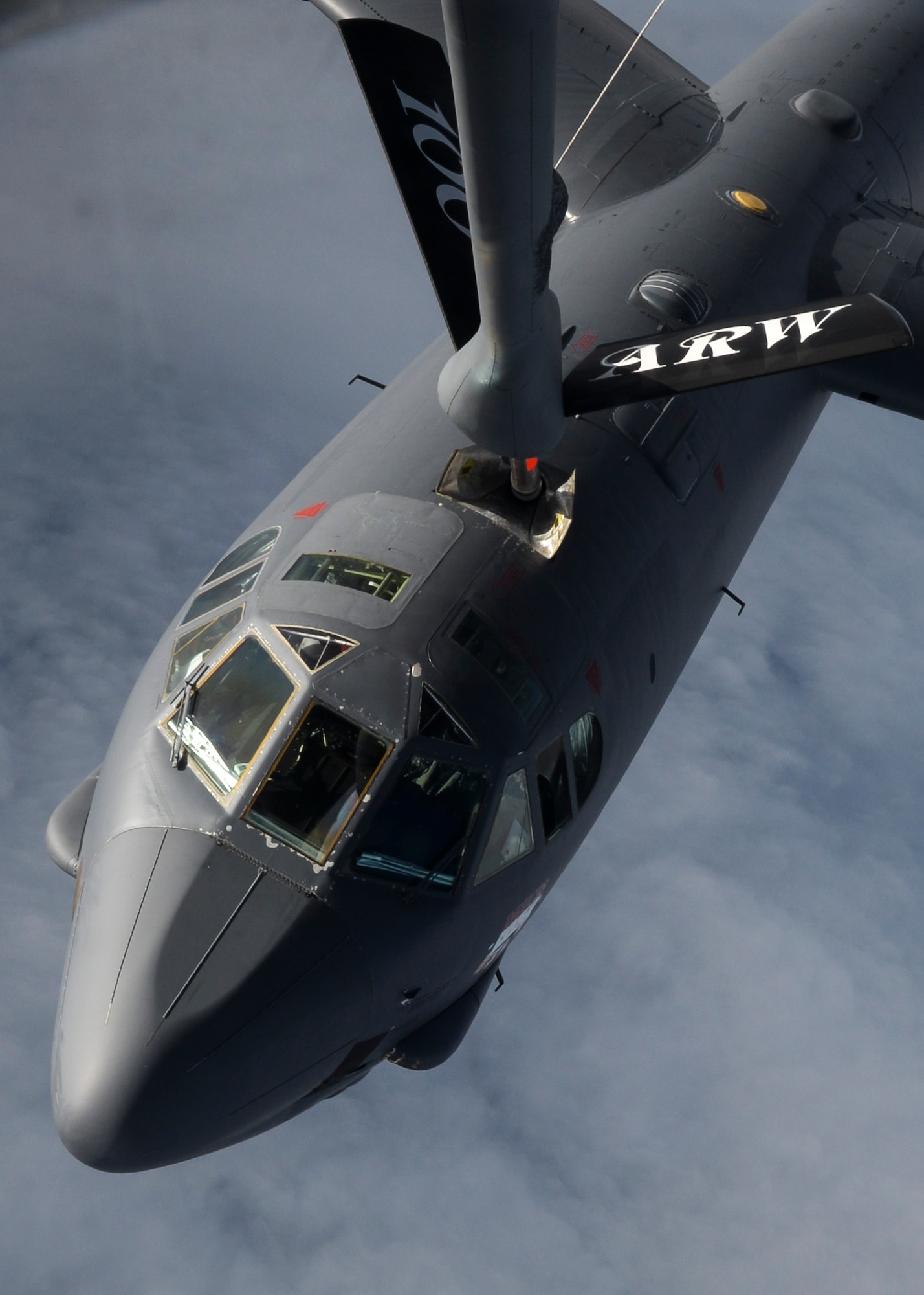 A B-52 Stratofortress from Barksdale Air Force Base, La., receives fuel from a KC-135 Stratotanker assigned to Royal Air Force Mildenhall, England, over the Trøndelag region of Norway, while participating in exercise Cold Response. The exercise featured maritime, land, and air operations to underscore NATO’s ability to defend against any threat in any environment. (U.S. Air Force photo/Senior Airman Victoria H. Taylor)