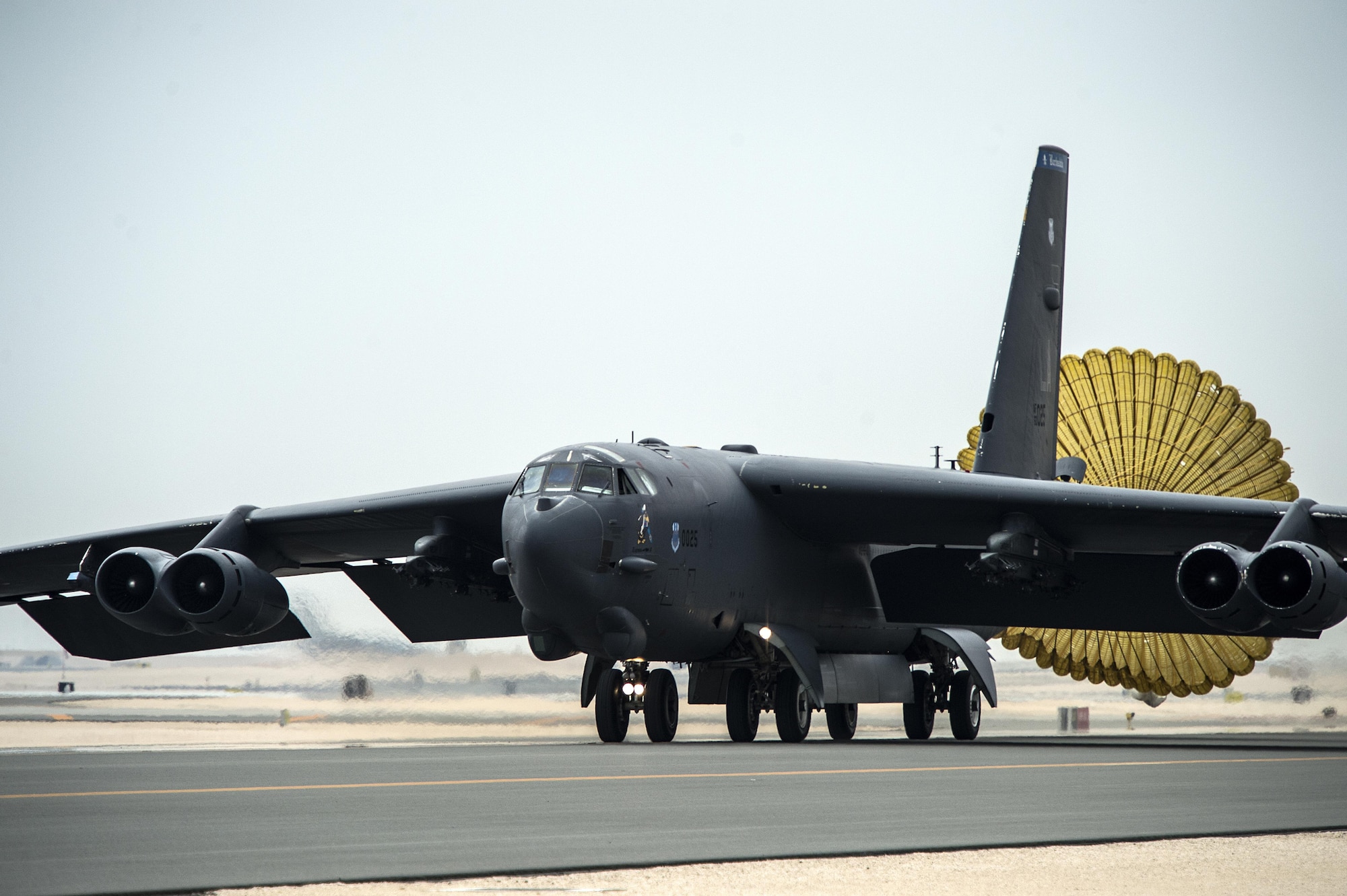 U.S. Air Force B-52 Stratofortress aircraft from Barksdale Air Force Base, La., arrived at Al Udeid Air Base, Qatar, April 9, 2016 in support of Operation Inherent Resolve, the operation to eliminate the Islamic State of Iraq and the Levant and the threat they pose to Iraq, Syria and the wider international community, and as needed in the region. The B-52 offers diverse capabilities including the delivery of precision weapons. (U.S. Air Force photo/Tech. Sgt. Nathan Lipscomb)