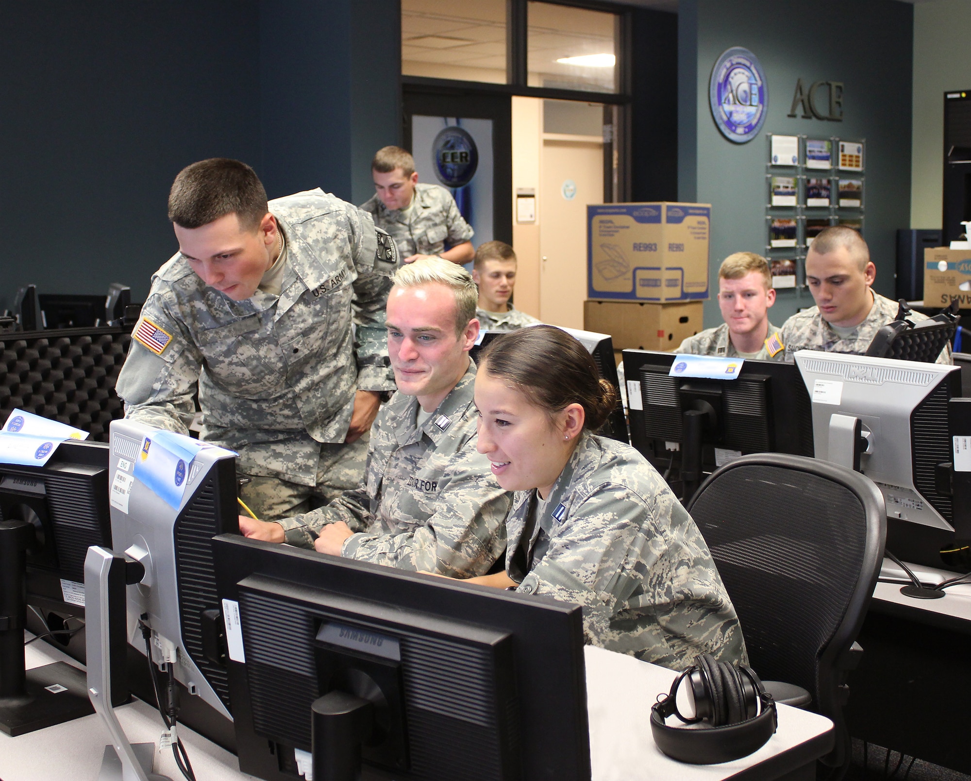 ROTC and U.S. Air Force Academy cadets participate in the Advanced Cyber Education (ACE) program during their undergraduate academic summer break at the Air Force Institute of Technology. ACE is a four-week program consisting of an instructional component, cyber war exercises and cyber officer development days focusing on the study of cyber and its unique leadership challenges. (Photo / AFIT CCR)