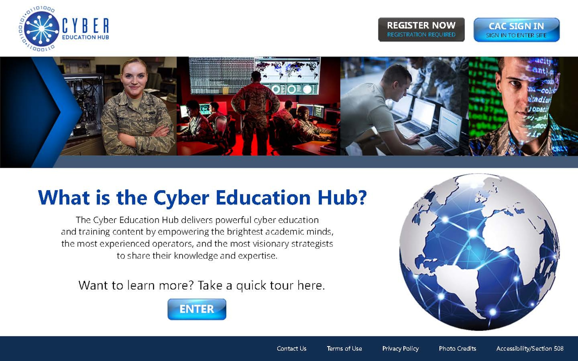 Proposed landing page for the Cyber Education Hub, which is being developed at the Center for Cyberspace Research in the Air Force Institute of Technology at Wright Patterson Air Force Base, Ohio. The online site is a platform for multimedia cyber education content geared to cyber experts and Airmen seeking knowledge of how cyber applies to their career fields. (Photo / AFIT CCR)