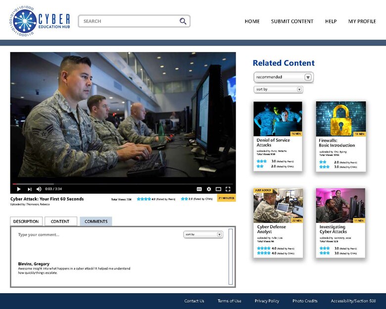 Proposed content viewing page on the Cyber Education Hub, which is being developed at the Center for Cyberspace Research in the Air Force Institute of Technology at Wright Patterson Air Force Base, Ohio. The online site is a platform for multimedia cyber education content geared to cyber experts and Airmen seeking knowledge of how cyber applies to their career fields. The site builds user profiles based on user viewing history, job description and preferences, as well as command directives. (Photo / AFIT CCR)
