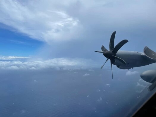A WC-130J Super Hercules aircraft assigned to the 53rd Weather Reconnaissance squadron at Keesler Air Force Base, Miss., emerges from Tropical Storm Elsa July 6, 2021. Elsa briefly regained hurricane strength before making landfall as a strong tropical storm on the northwest coast of Florida July 7. (U.S. Air Force photo by Lt. Col. Gretchen Dues)