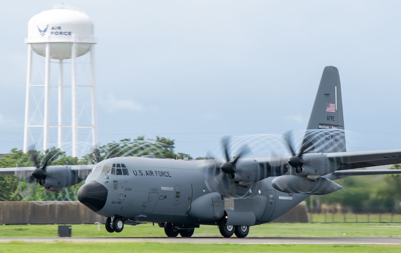 A WC-130J Super Hercules aircraft assigned to the 53rd Weather Reconnaissance Squadron at Keesler Air Force Base, Miss., takes off for a flight into Tropical Storm Elsa July 6, 2021. The 53rd WRS 